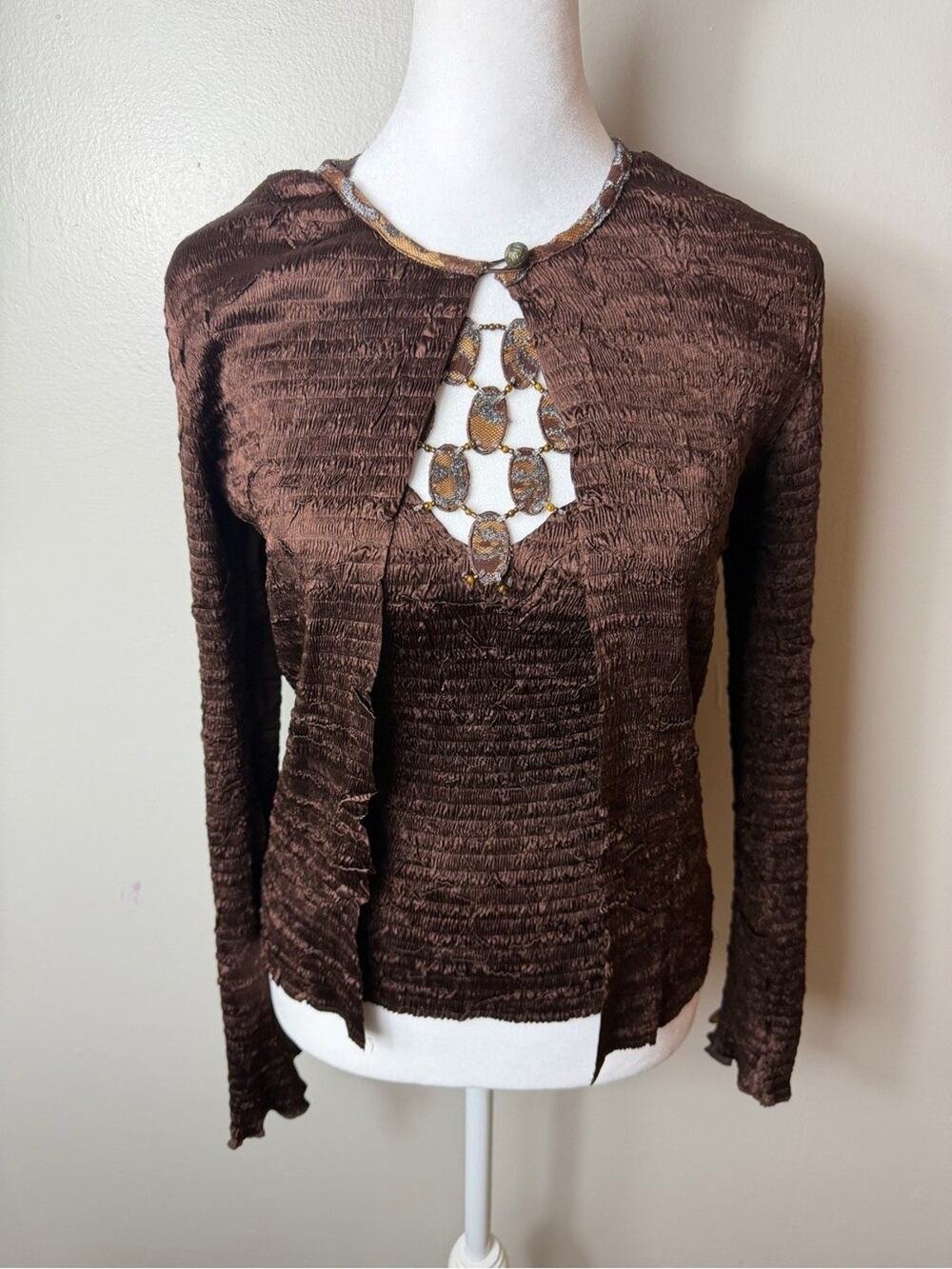 VTG Alberto Makali Top Cardi SET 90s Y2K Brown Plissé Crinkle Beaded Fairycore S
